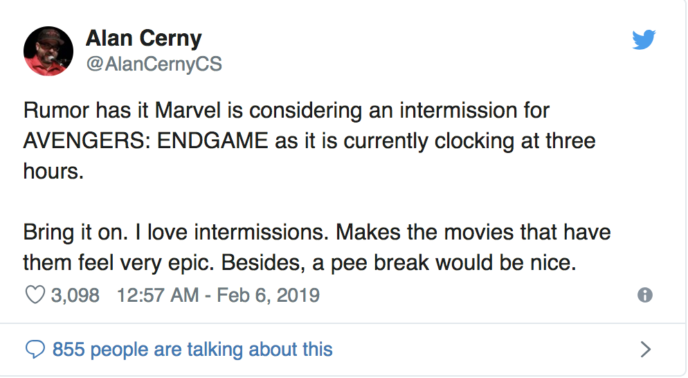 Avengers: Endgame reportedly running at three hours long with intermission