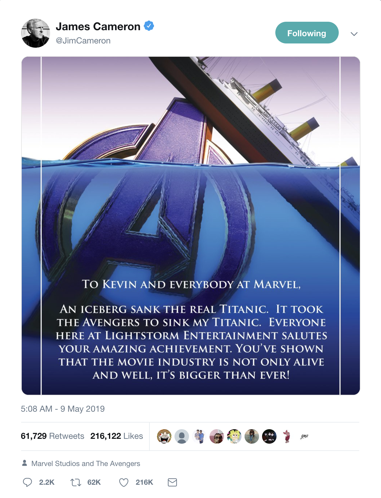 Titanic director James Cameron tweets congratulations to Avengers: Endgame directors the Russo brothers