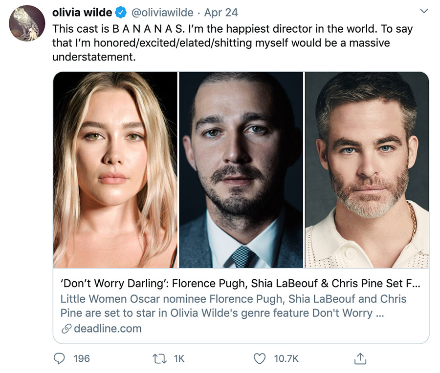 Florence Pugh, Shia LaBeouf and Chris Pine cast in Olivia Wilde's new movie