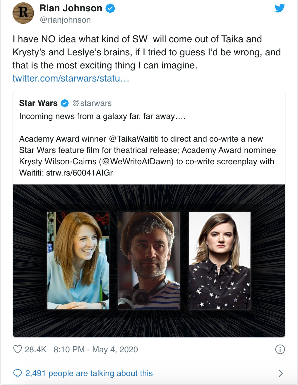Rian Johnson tweets excitement for Taika Waititi's Star Wars movie 
